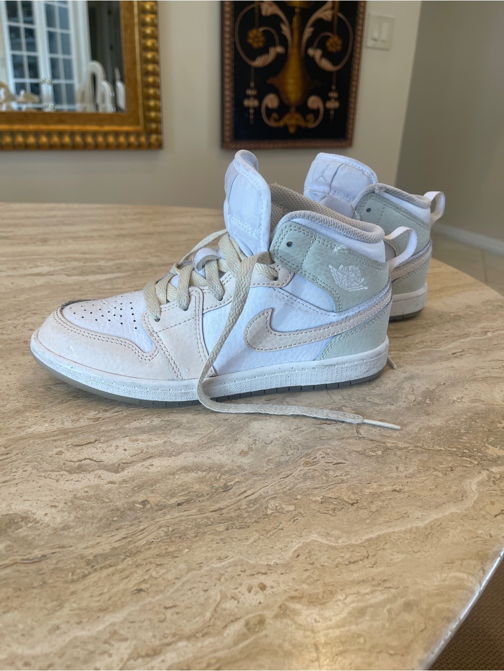 Nike Air Jordan 1 Mid in White, light peach/nude, and mint/grey (Y2)